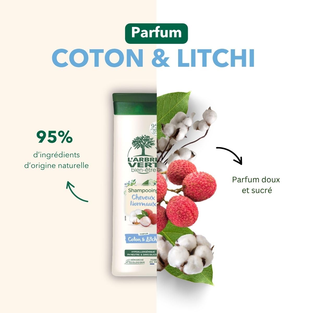L'ARBRE VERT Shampooing Hydratant Cheveux Normaux Fleur de Coton & Lychee 250ml