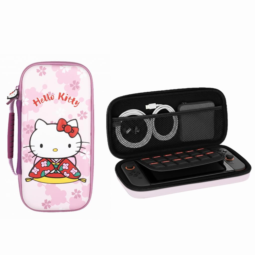 Konix Hello Kitty Housse de protection et transport console Nintendo Switch 2 - Filet rangement accessoires - 8 compartiments jeux - Motif 3D - Rose