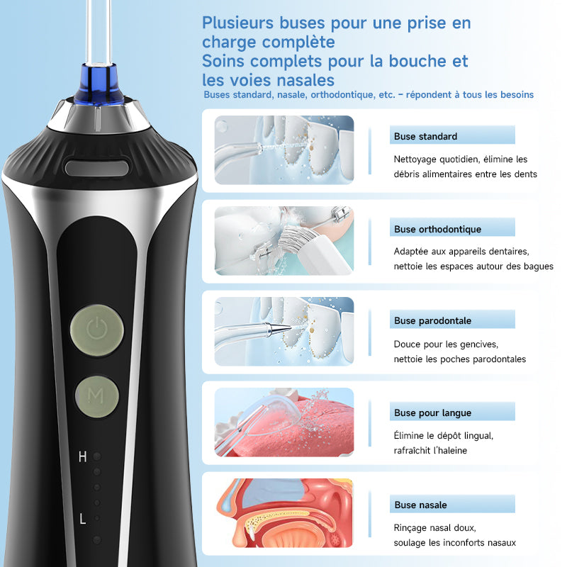 h2ofloss HF-2 Hydropulseur avec 5 modes, 5 canules, rechargeable par USB, étanche IPX7, réservoir d'eau de 300 ml - Noir