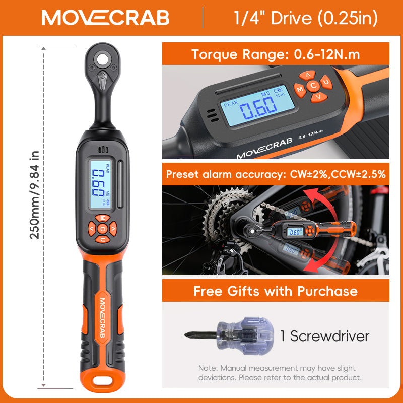 Clé dynamométrique numérique professionnelle Movecrab, entraînement 1/4", 0,6-12 N.m ±2 %, haute précision, affichage LED, triple alarme (Nm/in.lb/ft.lb/kg.cm), vibration