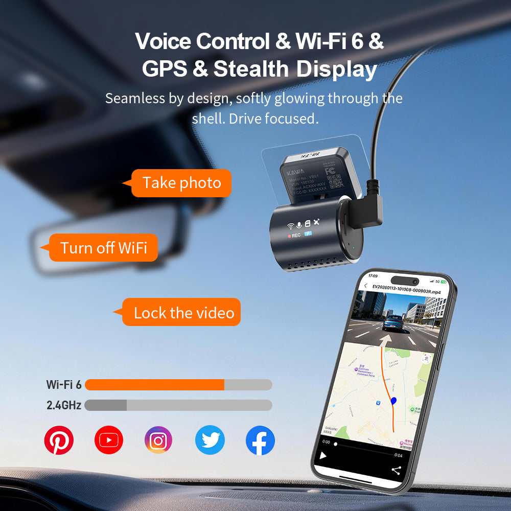 KAWA Mini Dashcam 4K avant, commande vocale, affichage discret, HDR 2K, caméra de voiture avec moteur NightEagle, Wi-Fi 6 et GPS intégrés, mode stationnement en mémoire tampon 24/7