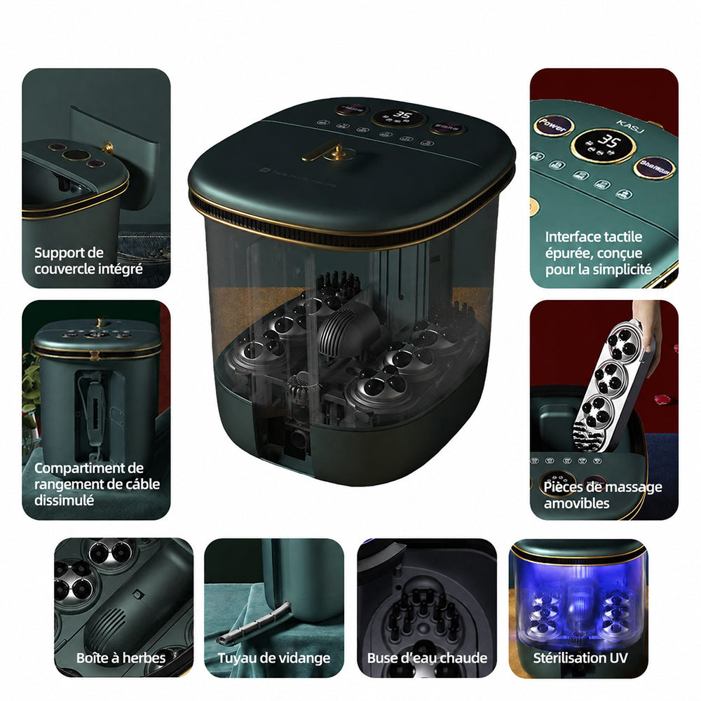 KASJ Z202 Bain de pieds massant électrique avec 6 rouleaux rotatifs & 2 points d'acupression à mouvement vertical – Stérilisation UV, Bassin profond pour bain de mollets, Chauffage réglable, Minuterie & roues faciles à déplacer pour la détente à la m