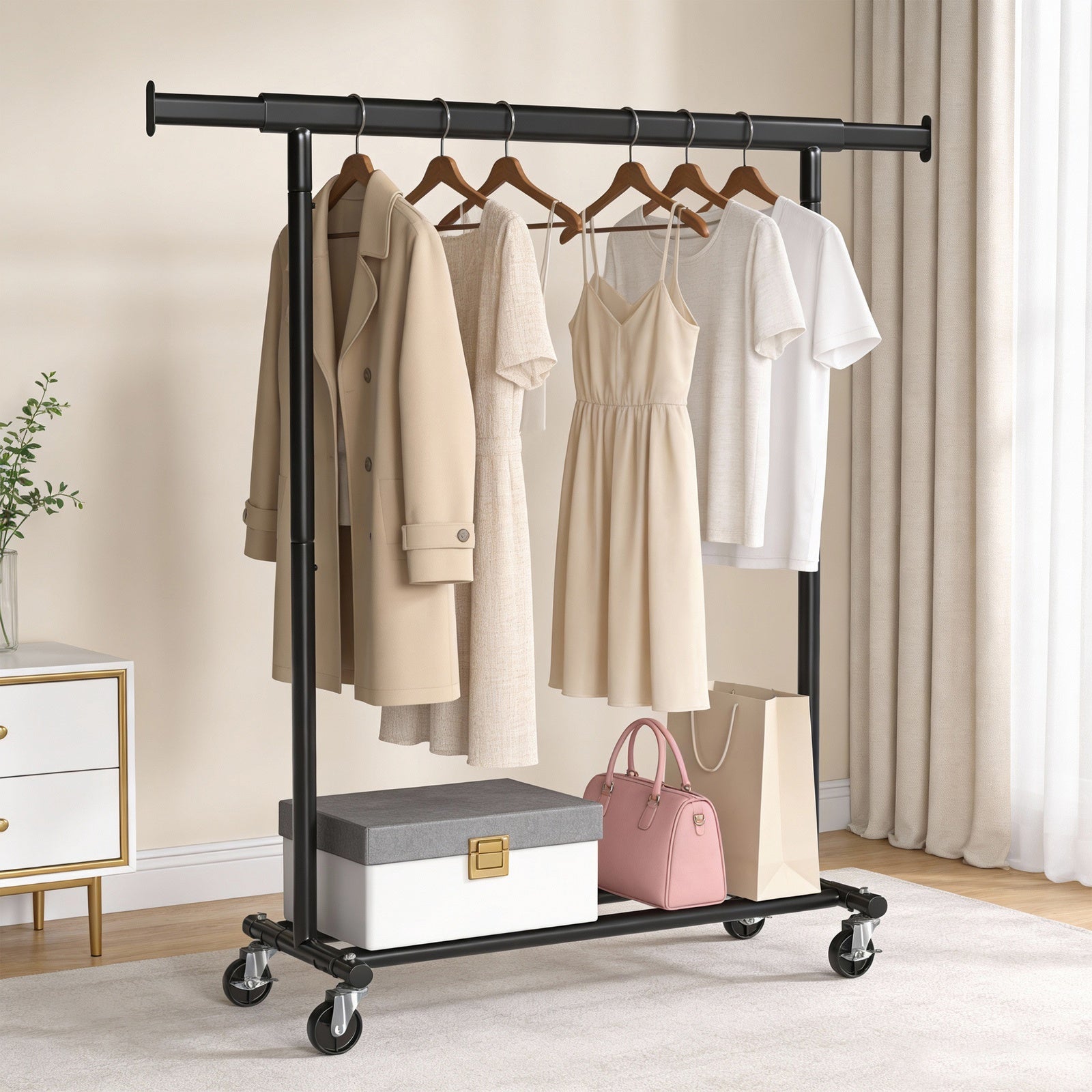 JOYFURNOS Portant à Vêtements sur Roulettes, Tringle à Vêtements Robuste, 45 x (92-132) x 161,5 cm, avec Tringle Extensible, Capacité de Charge 100 kg, Portable, Noir