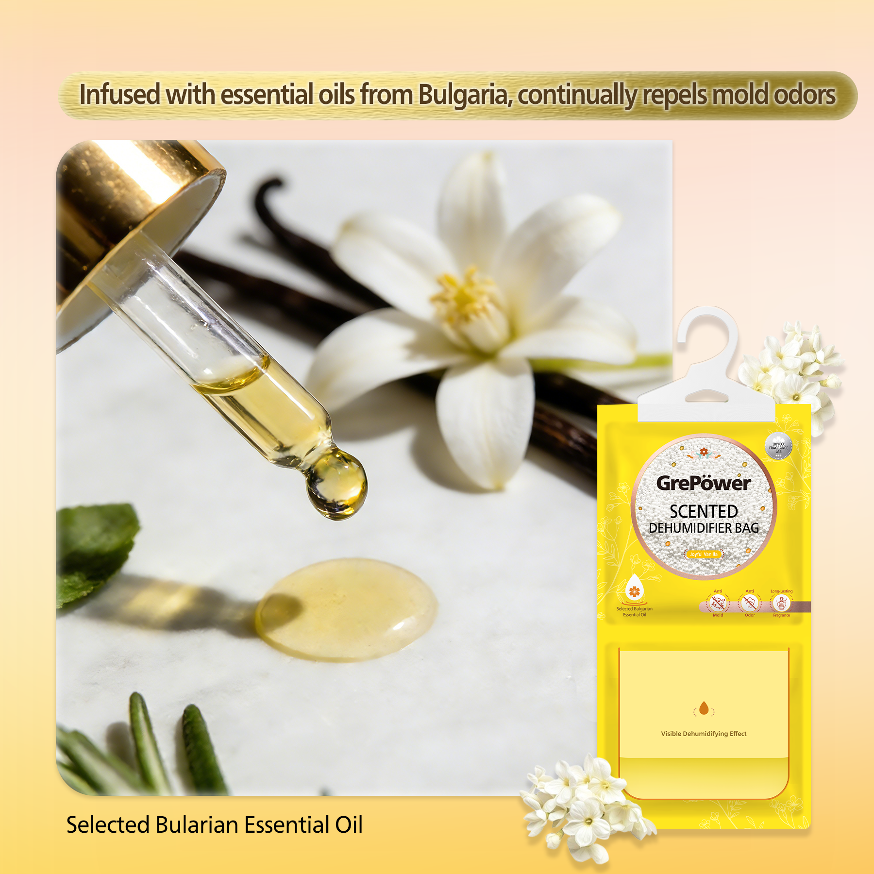 GrePower Saches déshumidifiants à suspendre (parfum vanille), lot de 10, empêchent efficacement l'humidité et la condensation, pour placards, maison, cuisine, garage, chambre