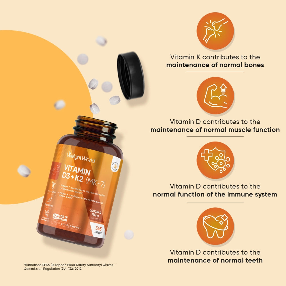 WEIGHTWORLD Vitamine D3 4000IU + K2 (MK-7) 125mcg, 365 Comprimés