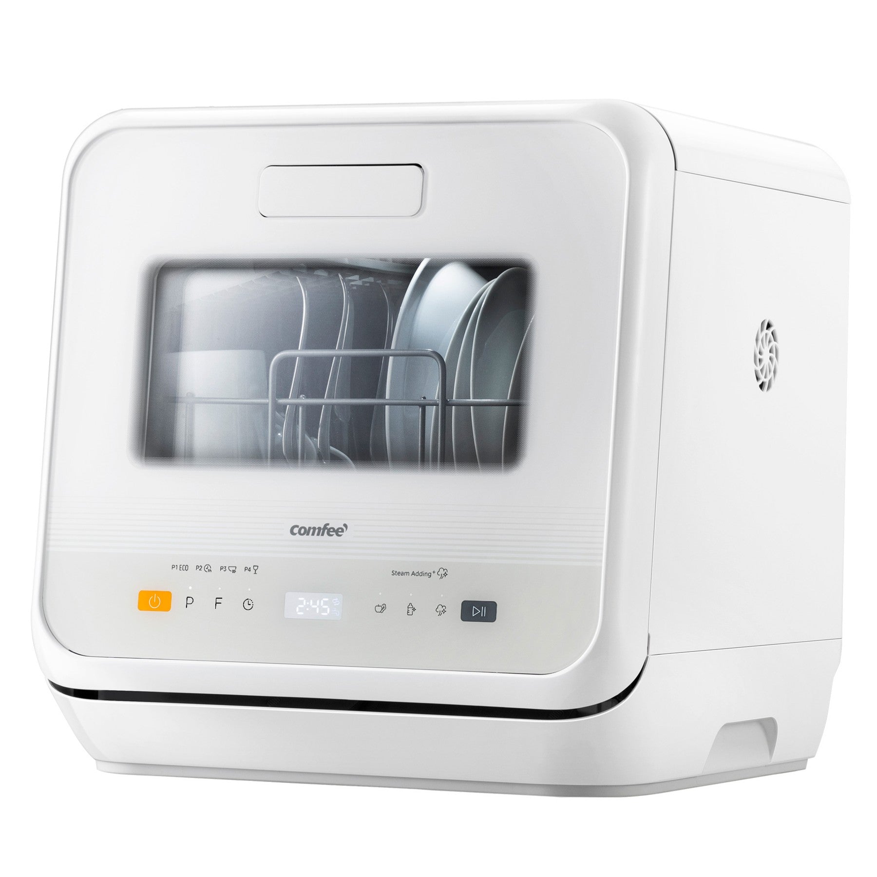 Comfee' Mini Lave-Vaisselle Compact, 6 Programmes, Fonctions Vapeur, Soin Bébé & Lavage Fruits, Sans Installation, Démarrage Différé, Stockage 72h, Blanc, Classe Énergétique D