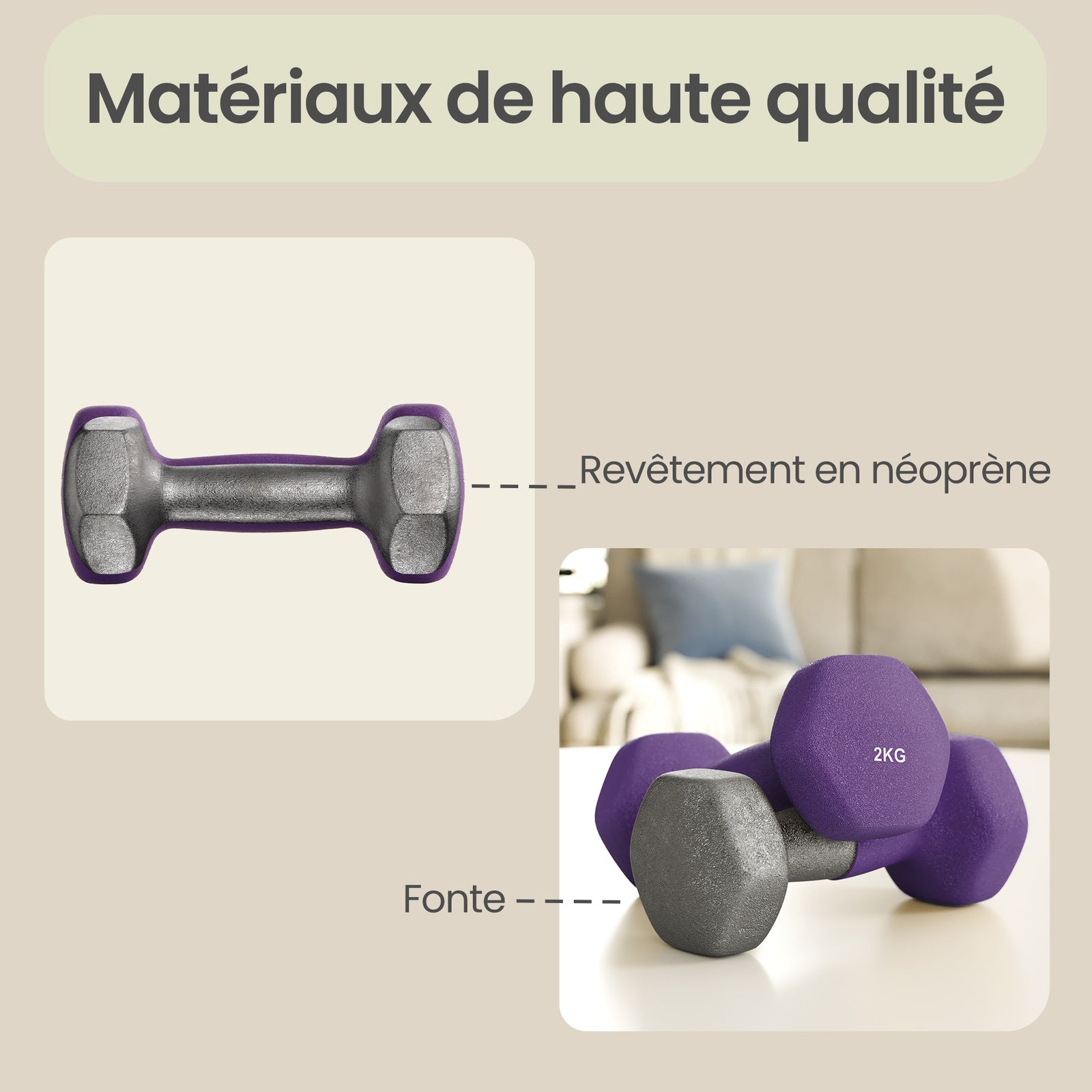 JOYFURNOSSet d’haltères hexagonaux avec support – 3 paires (1 kg, 1,5 kg, 2 kg), finition mate en néoprène, poids à main pour l’exercice à domicile – Jaune, Rose et Violet