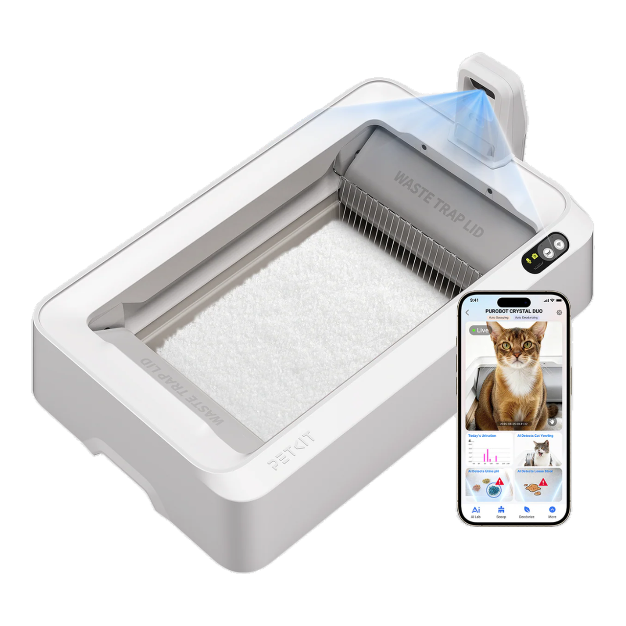 PETKIT PUROBOT CRYSTAL DUO, Nettoyage mains libres jusqu'à 30 jours, Bac à litière ouvert pour chat avec éliminateur d'odeurs N60