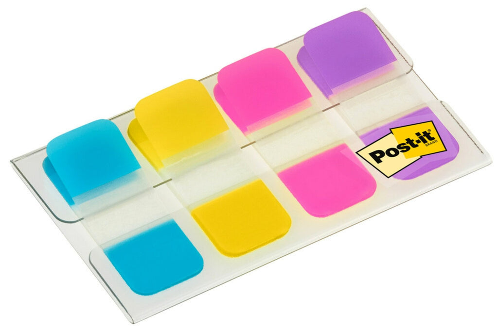 Post-It Onglets d’indexation résistants pour classeur, petit format, bleu, violet, rose et jaune, 15,8 mm x 38,1 mm, 40 onglets/ distributeur, 1 distributeur/boîte