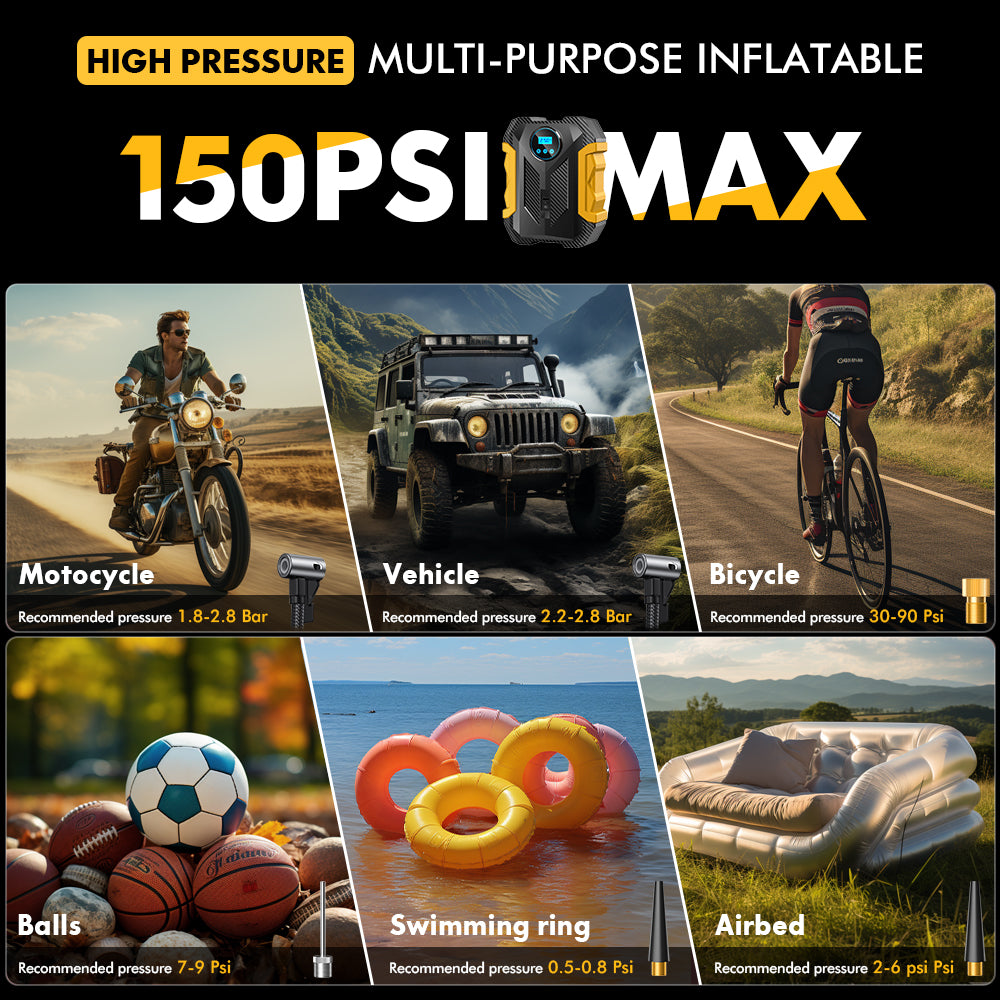 Carsun 150PSI Pompe intelligente 12 V, 150 psi avec écran numérique, éclairage LED, câble de 3 m