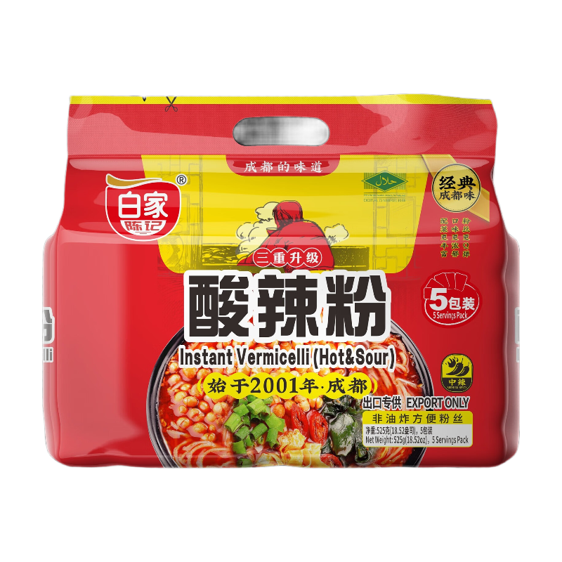 Bai Jia Nouilles de patate douce acidulées et épicées 5 pièces - 525g