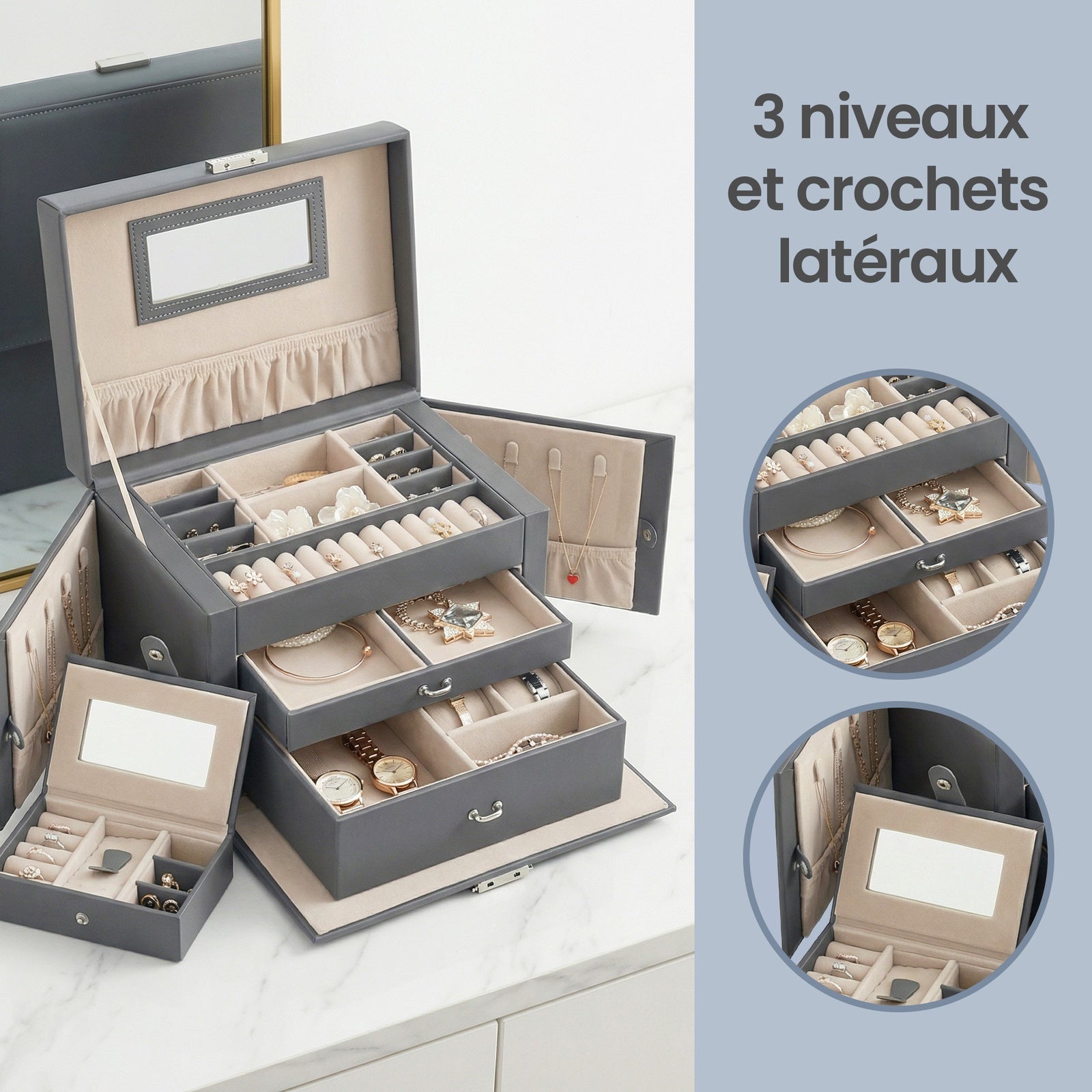 JOYFURNOS Boîte à bijoux, Organisateur de bijoux avec 2 tiroirs, Boîte à bijoux verrouillable avec miroir, Étui de voyage portable, Pour bagues, bracelets, boucles d'oreilles, colliers, Doublure en velours, Cadeau, Gris