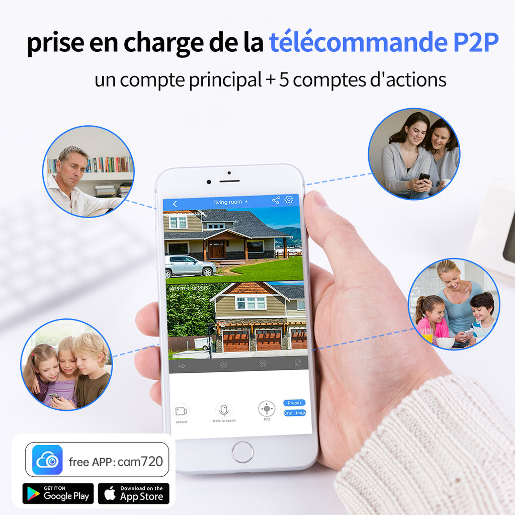 JOOAN Caméra de surveillance extérieure, 3 objectifs, 2 vues, zoom optique 10x et suivi automatique, IP PTZ 360°, Wi‑Fi 2,4 GHz filaire, IP66 étanche, alarme de détection de mouvement, stockage carte 8–256 Go/Cloud, notification SMS