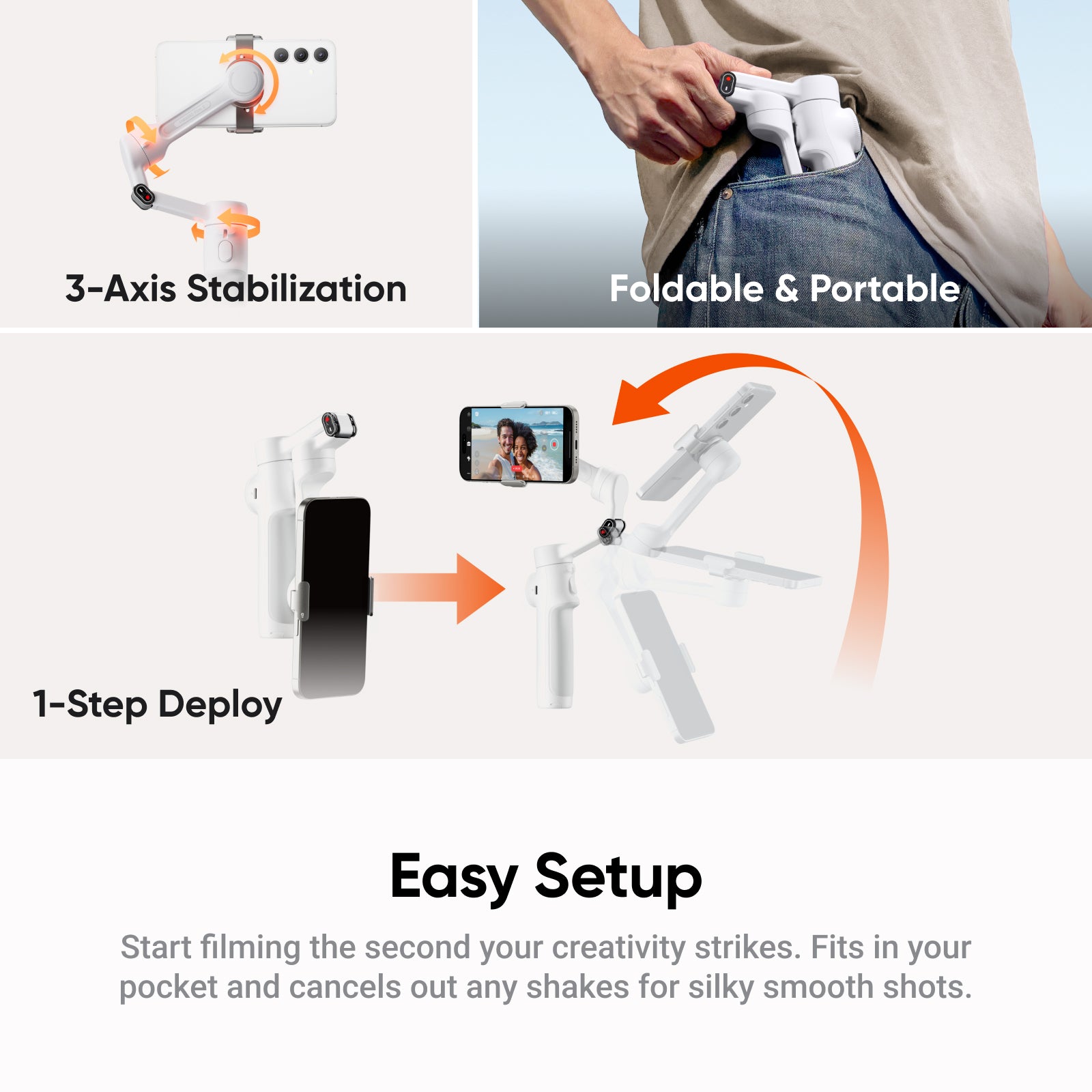 Insta360 Flow 2 Blanc - Stabilisateur pour smartphone pliable avec IA, suivi IA et multi-personnes, trépied/perche à selfie intégrés, télécommande, compatible iPhone/Android, voyage