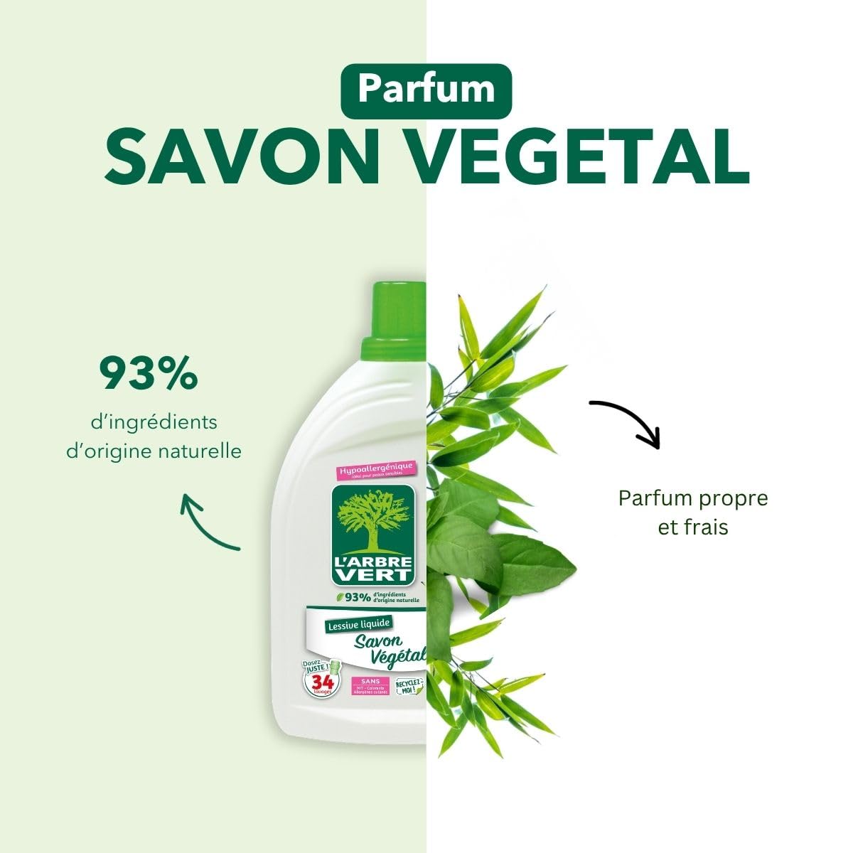 L'Arbre Vert Lessive Liquide Savon Végétal Hypoallergénique, Bouteille à Pichet, 1,53 L, 34 Lavages