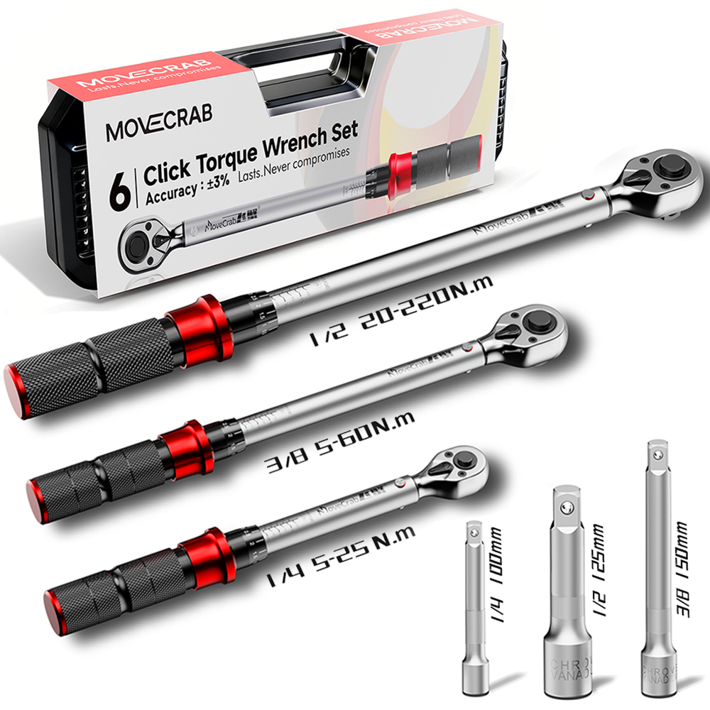 MOVECRAB Coffret de 6 clés dynamométriques mécaniques 5-220 N.m avec 3 rallonges