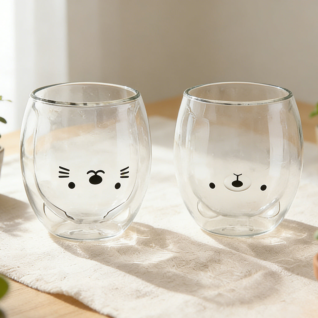Ju7cer Lot de 2 verres à double paroi chat et ours - 260 ml