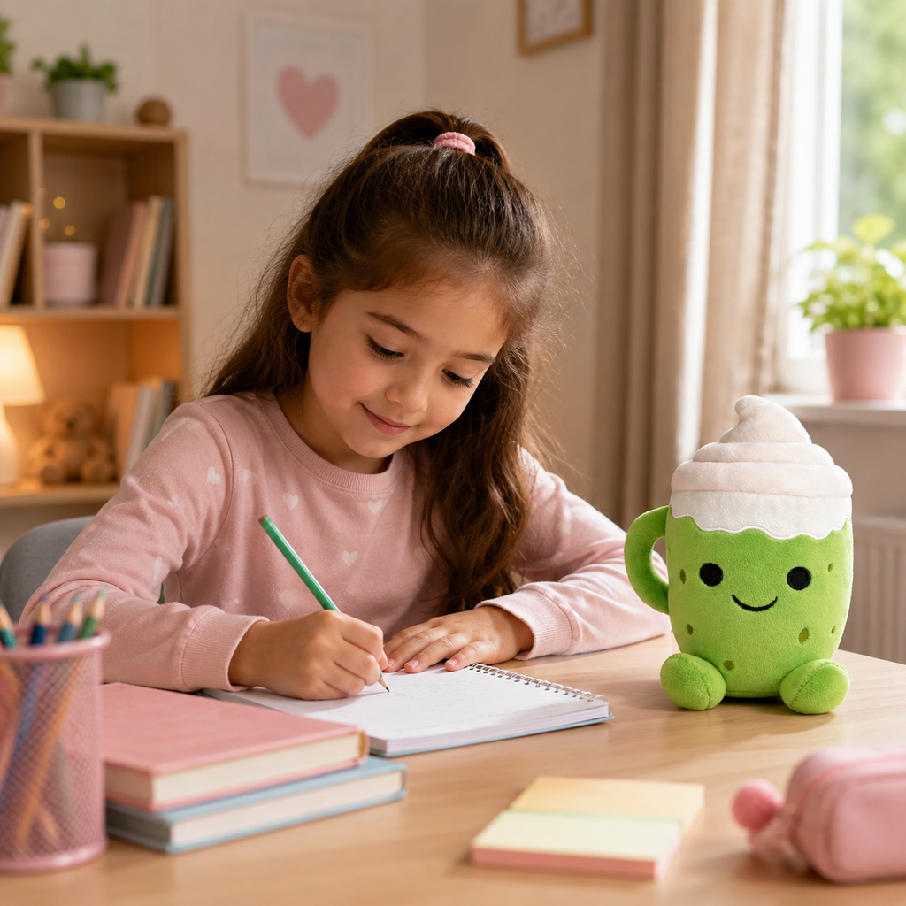 Flooffees Mug en peluche vert de Londres – Jouet kawaii mignon avec nappage à la crème fouettée, 25 cm, compagnon de bureau câlin, décoration de chambre et cadeau pour enfants