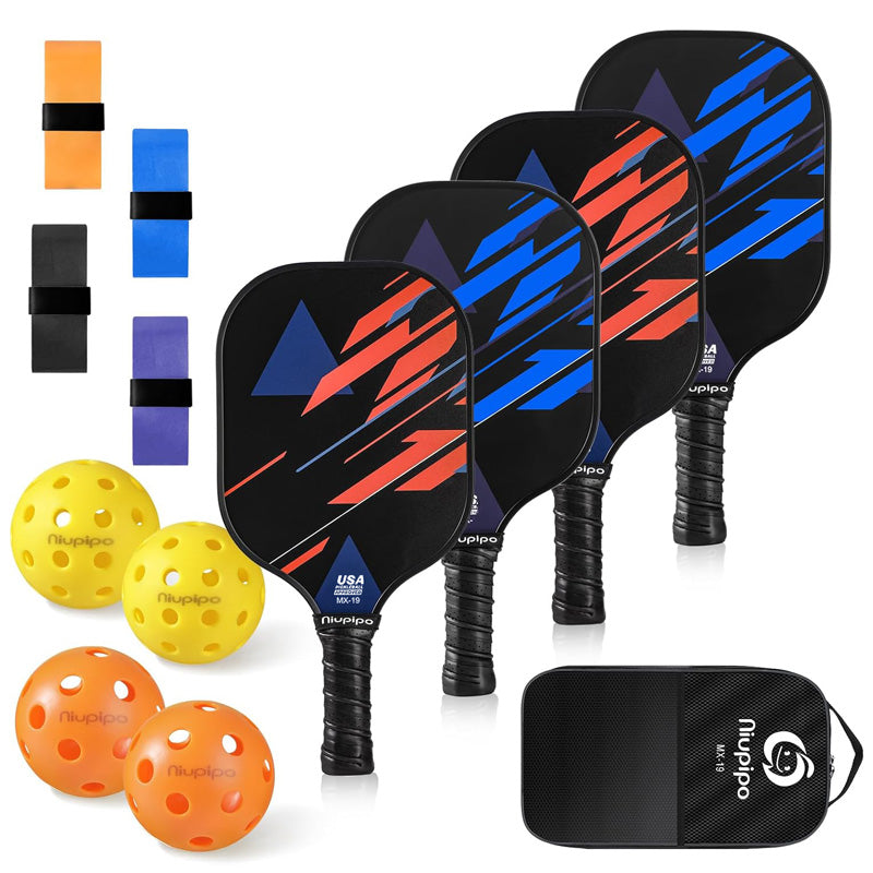 NIUPIPO MX-19 Lot de 4 raquettes de pickleball, 4 bandes de préhension, 4 balles et un sac de transport