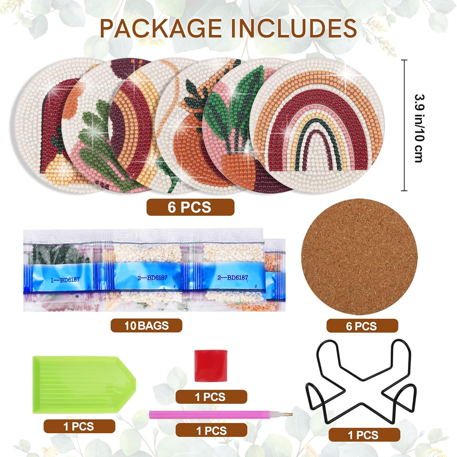 Ju7cer Lot de 6 sous-verres de peinture au diamant avec support - Art au diamant de plantes abstraites | Fournitures de loisirs créatifs pour débutants adultes 4×4 pouces (10×10 cm)