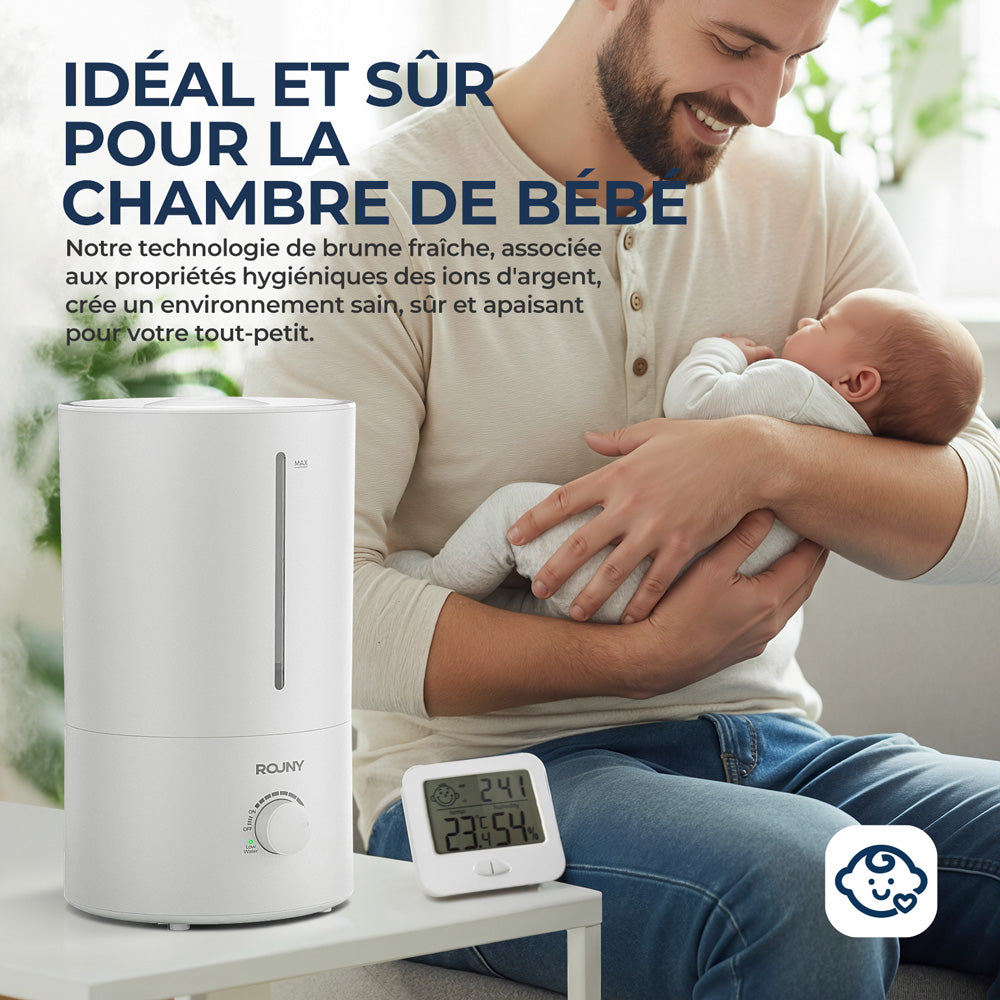 ROUNY Humidificateur d'air ultrasonique MOS W3, réservoir de remplissage supérieur de 4 L, 23 W, débit de brume de 350 ml/h, brume froide à 360°, fonctionnement silencieux ≤ 38 dB