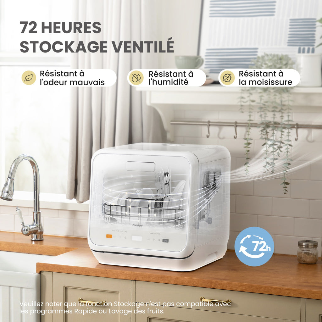 Comfee' Mini Lave-Vaisselle Compact, 6 Programmes, Fonctions Vapeur, Soin Bébé & Lavage Fruits, Sans Installation, Démarrage Différé, Stockage 72h, Blanc, Classe Énergétique D