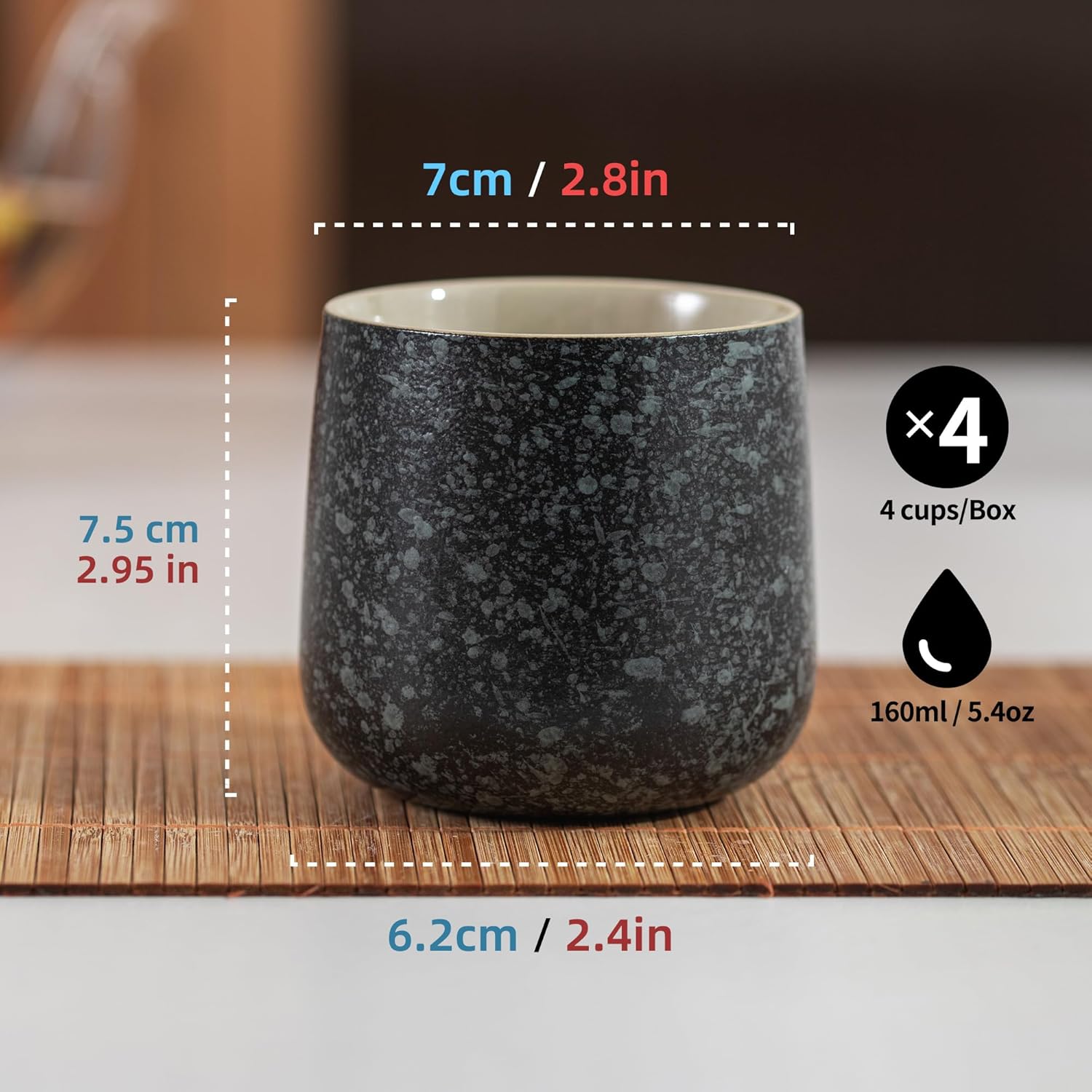 TEANAGOO Tasse à Thé Japonaise en Céramique, 7.2 oz/205 ml, Gris Charbon, H17, 4 Pièces/Boîte, Set de Tasses à Thé Asiatiques, Soldes du Nouvel An, Idées Cadeaux Incontournables