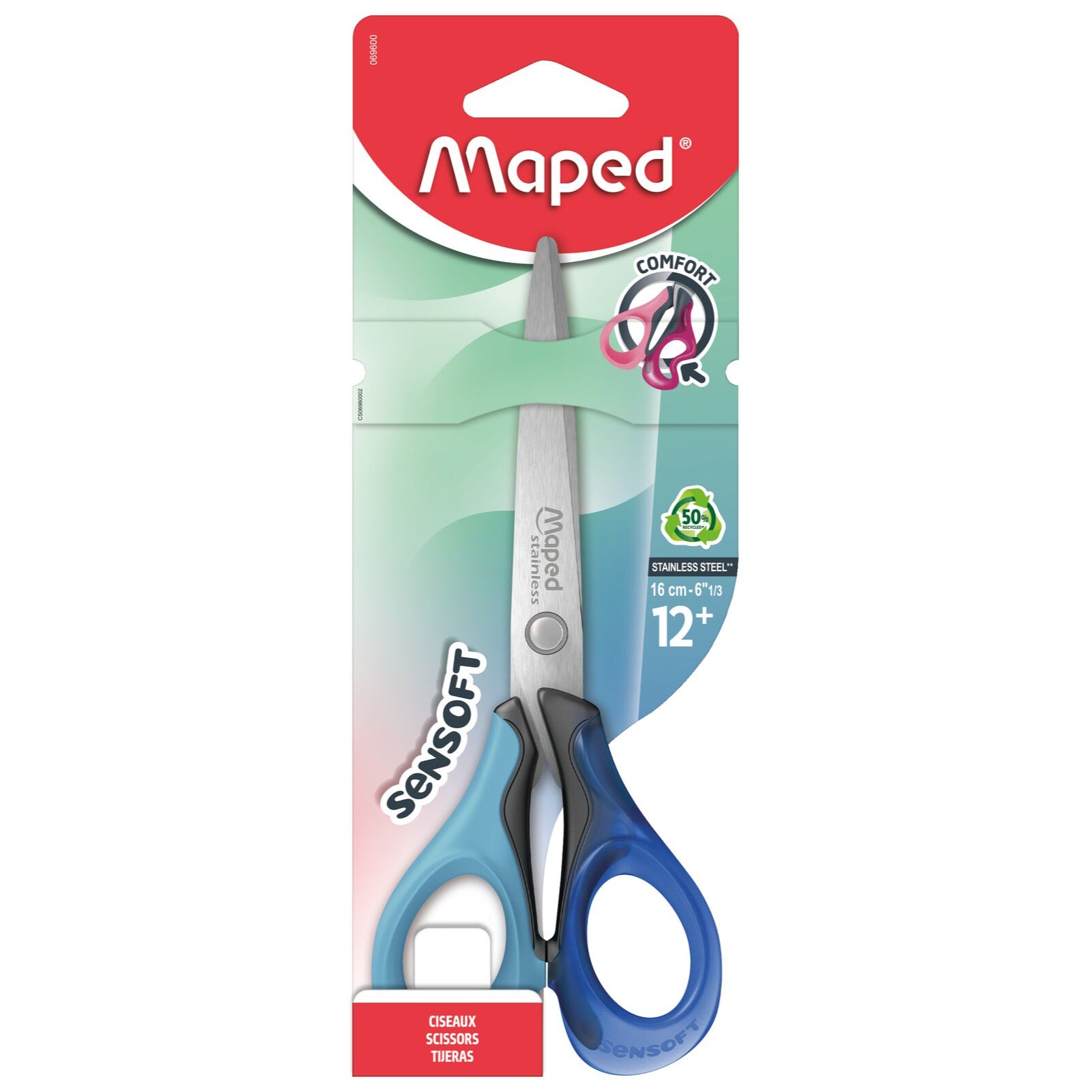Maped Sensoft Ciseaux 16 cm Anneaux Souples Ergonomiques Noir Bleu