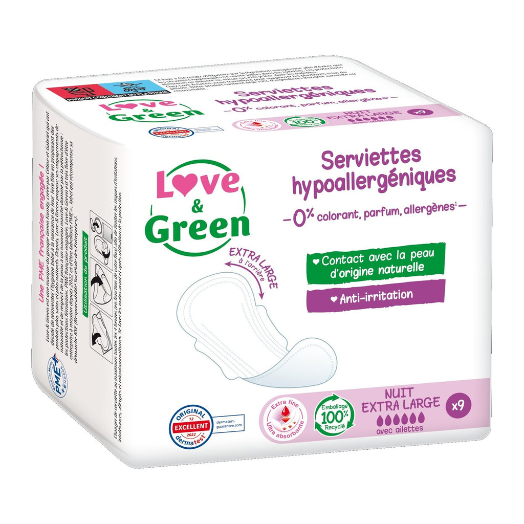 LOVE&GREEN Serviettes Hygiéniques Hypoallergénique avec Ailettes Nuit Extra Large X 9