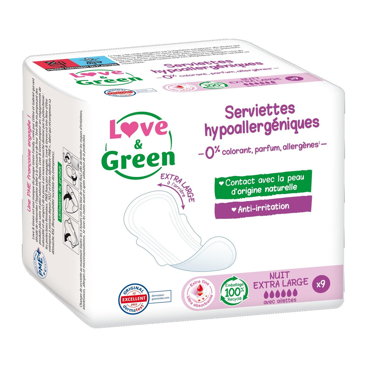 LOVE&GREEN Serviettes Hygiéniques Hypoallergénique avec Ailettes Nuit Extra Large X 9