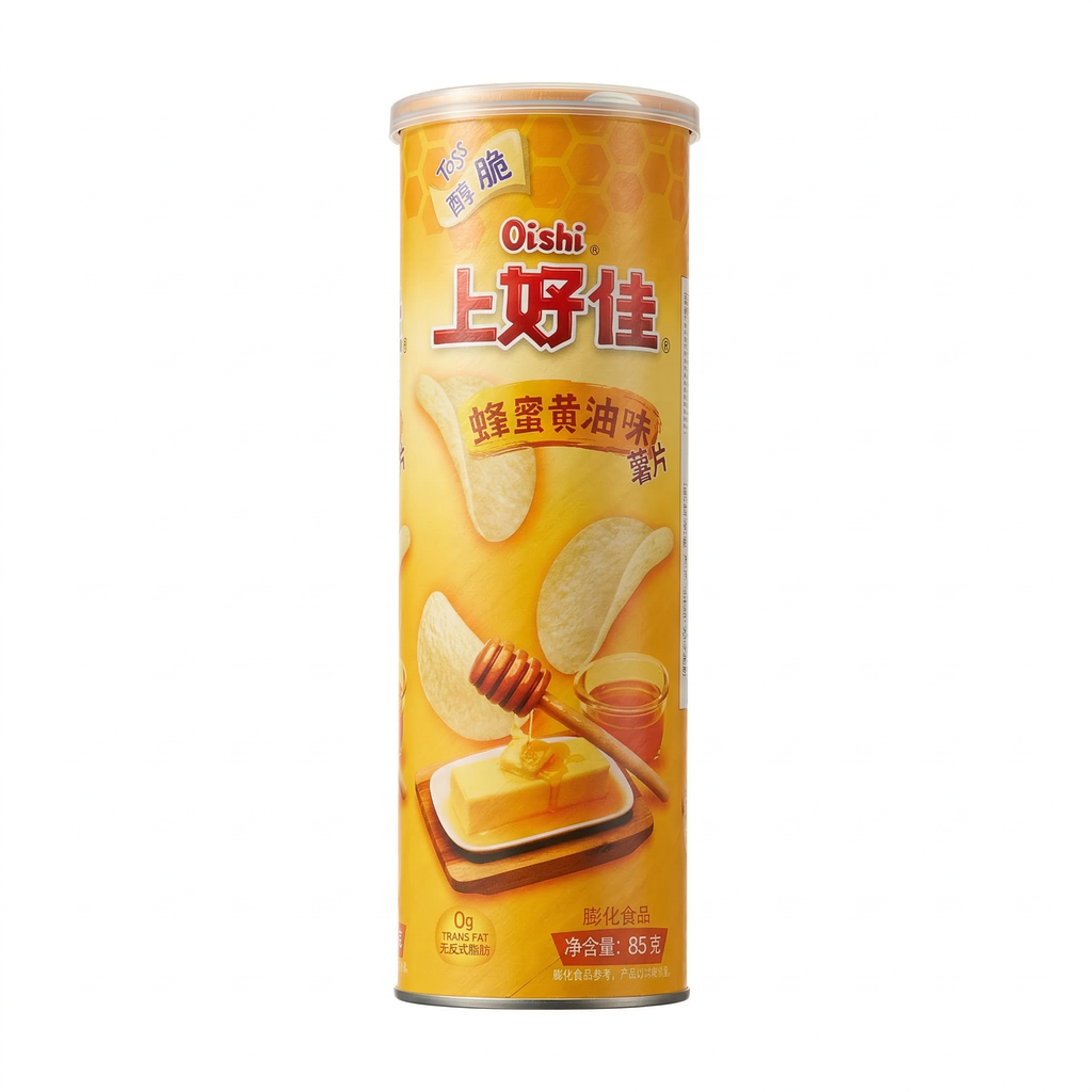 Oishi Chips de pommes de terre croustillantes pures (saveur beurre de miel) seau 85G
