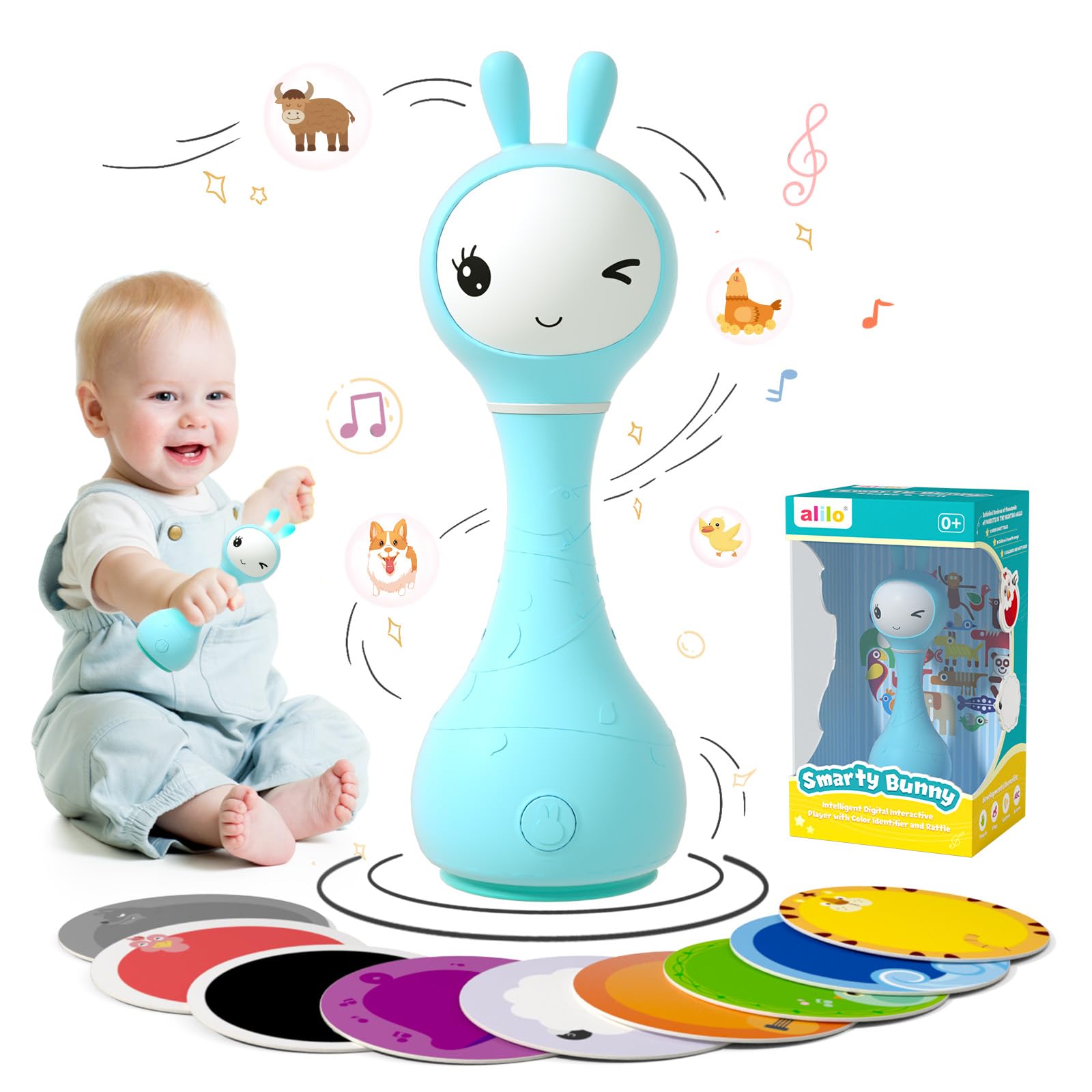 ALILO Hochet musical lumineux pour bébé 0+ mois avec 5 modes musicaux et fonction de reconnaissance des couleurs avec 9 cartes - Bleu
