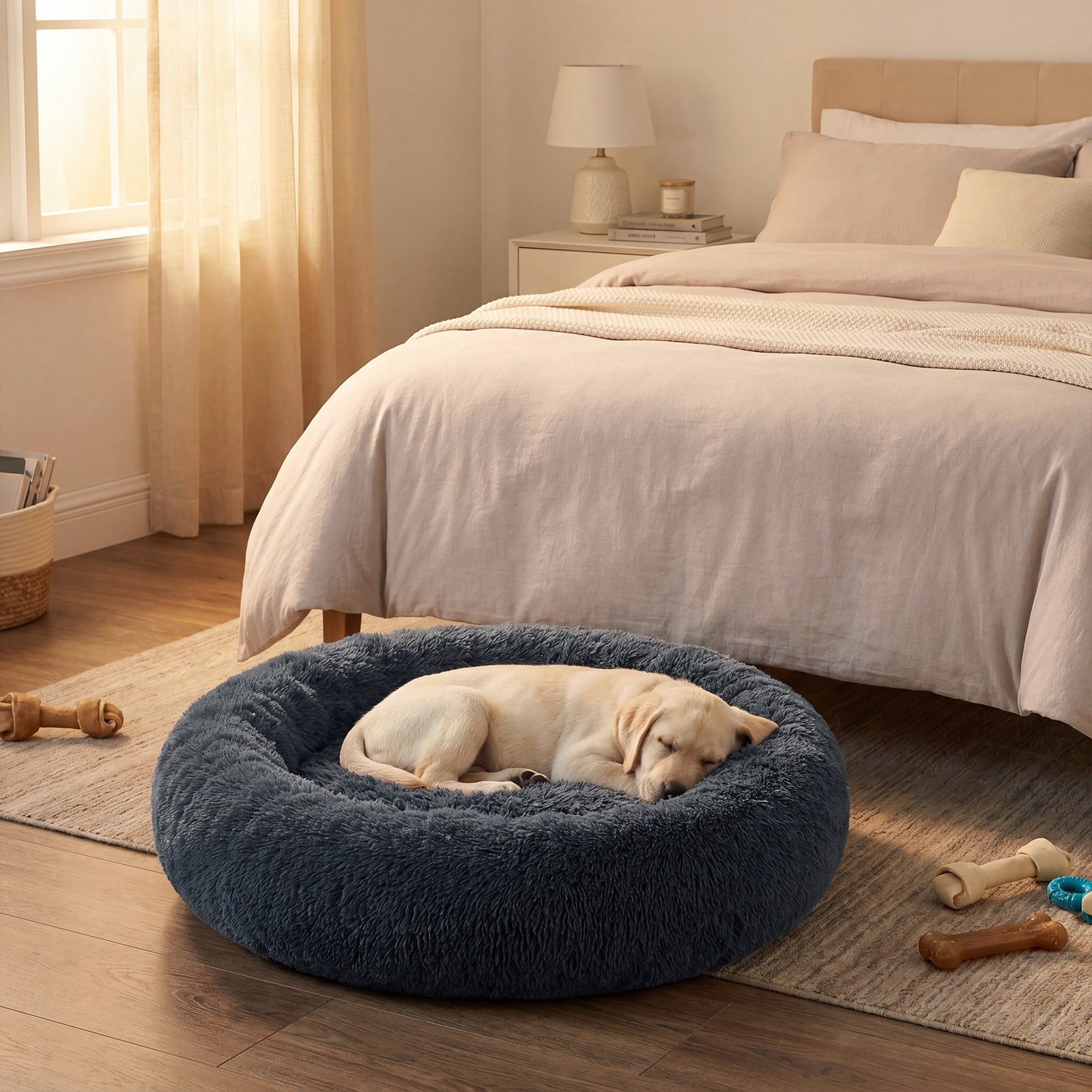 JOYFURNOS Panier donut apaisant moelleux pour chien avec housse amovible lavable Gris foncé