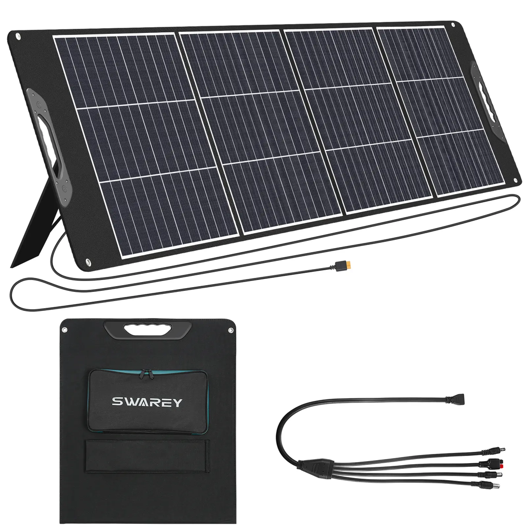 SWAREY 200W Panneau Solaire Pliable, Chargeur Solaire Monocristallin Portable avec Port USB-C 18W et QC3.0, Câble XT60 vers Anderson / DC5521 / DC7450, pour Station d’Énergie
