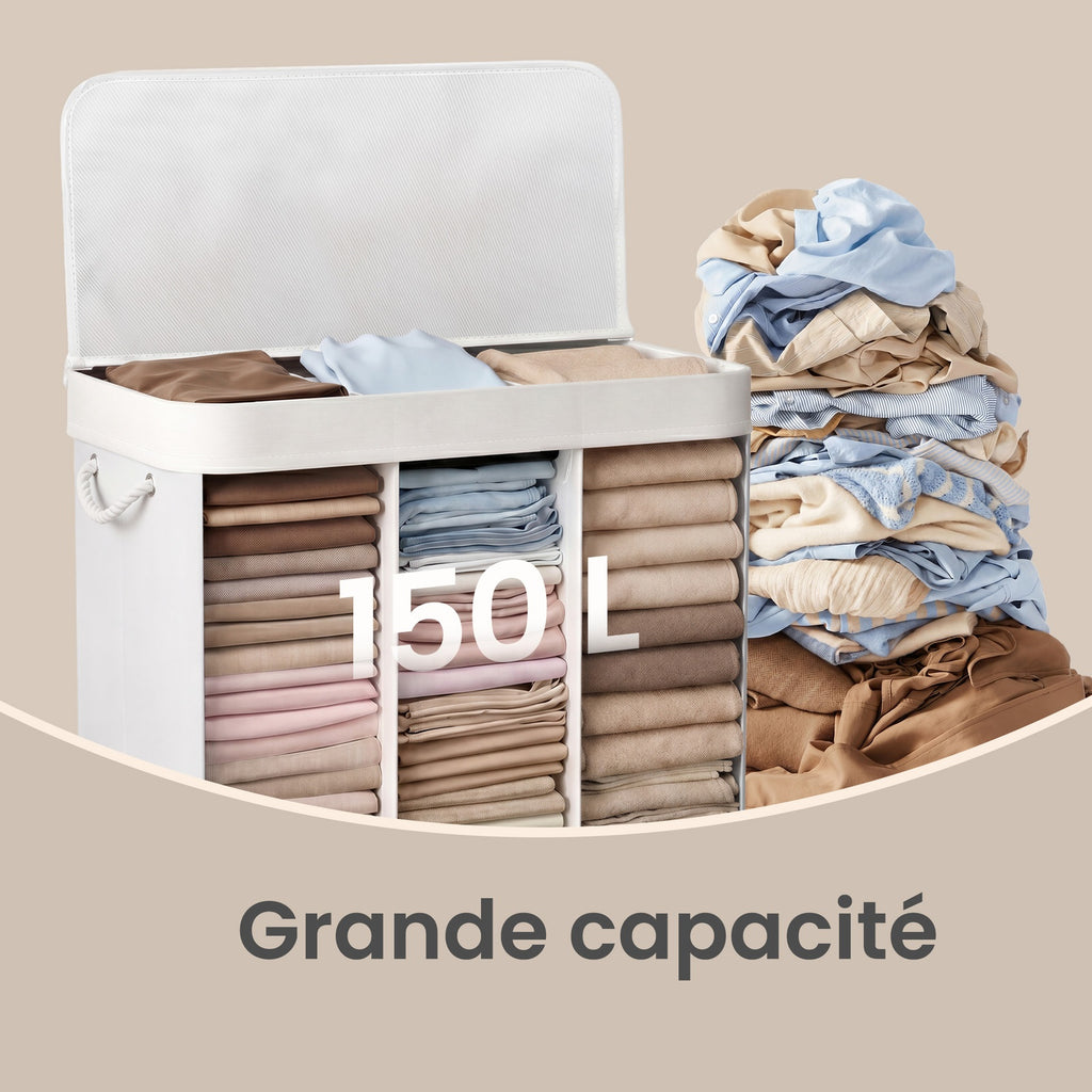 JOYFURNOS Grand Panier à Linge en Bambou, Panier à Linge Pliable à 3 Compartiments avec Couvercle, Sac Intérieur Amovible, Blanc
