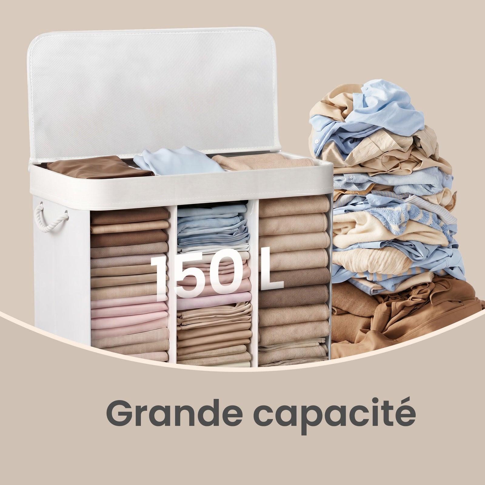 JOYFURNOS Grand Panier à Linge en Bambou, Panier à Linge Pliable à 3 Compartiments avec Couvercle, Sac Intérieur Amovible, Blanc