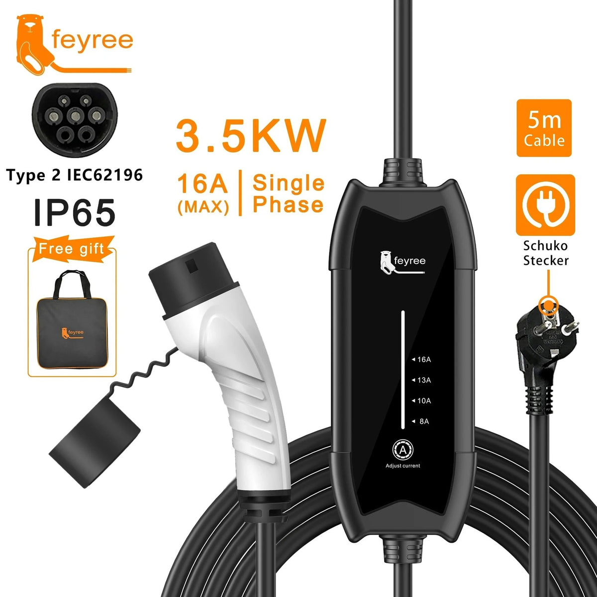Feyree Chargeur portable Type 2 pour véhicule électrique 3,5 kW 16 A monophasé, Boîtier de charge à courant réglable, Câble 5 m, Station de charge pour véhicule électrique