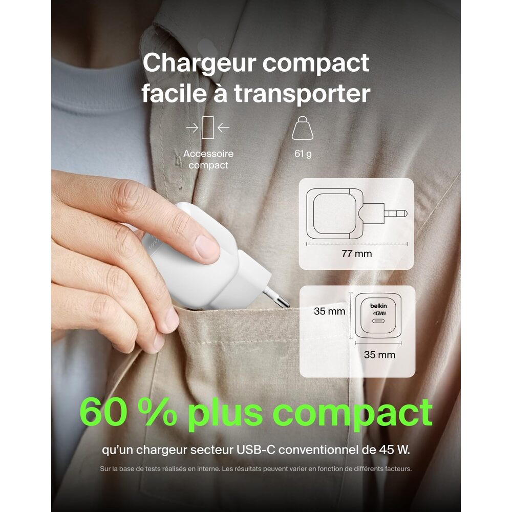 Belkin BoostCharge Chargeur secteur compact avec câble USB-C vers USB-C, 45 W - Blanc