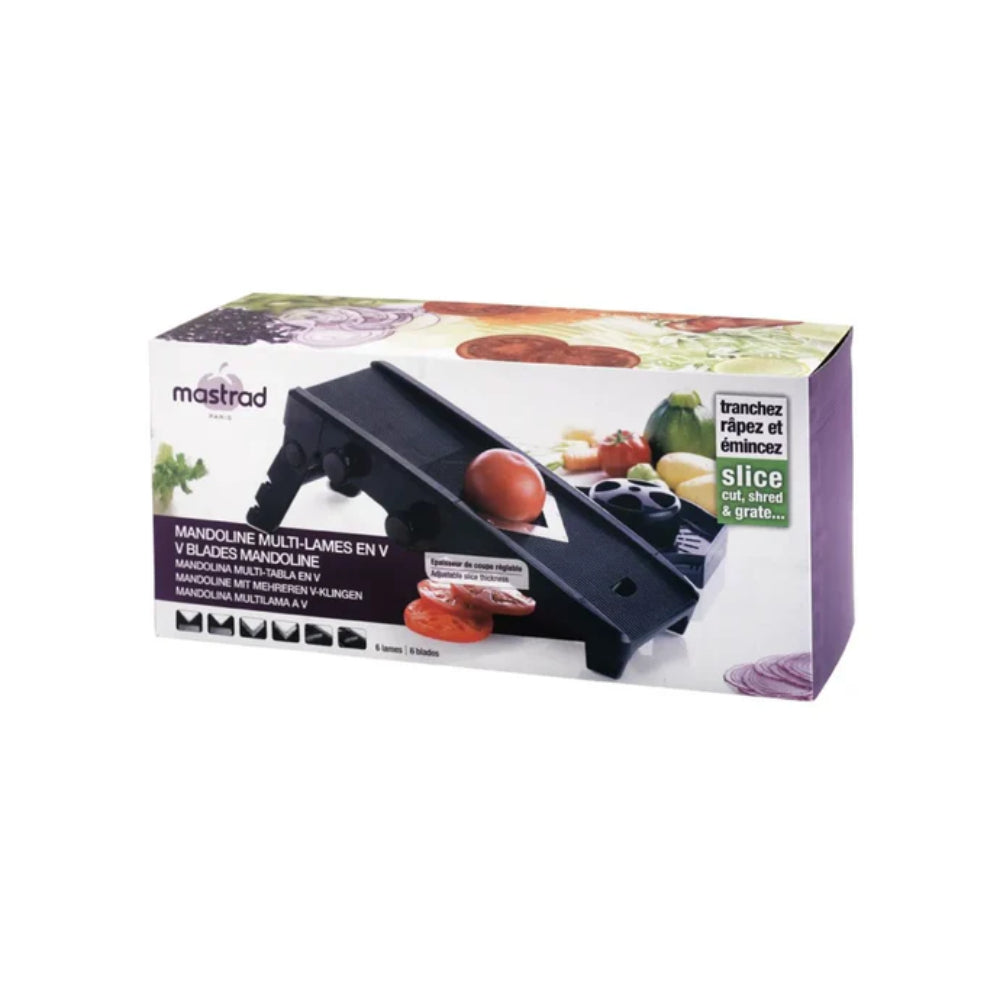 Mastrad Mandoline multi-lames à lame en V – 6 lames en acier inoxydable – Trancher, râper et tailler en julienne – Épaisseur réglable 1 à 9 mm