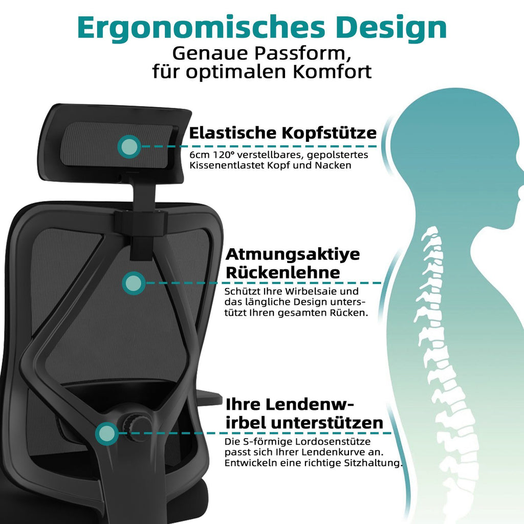 GTIMEX Chaise de bureau ergonomique avec soutien lombaire en mousse à mémoire de forme 3D, fonction bascule jusqu’à 135°, charge maximale 200 kg, maille respirante