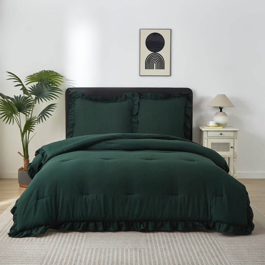 MEEALLHOME Parure de lit vintage à volants vert foncé - 1 housse 155 x 220 cm et 2 taies 80 x 80 cm