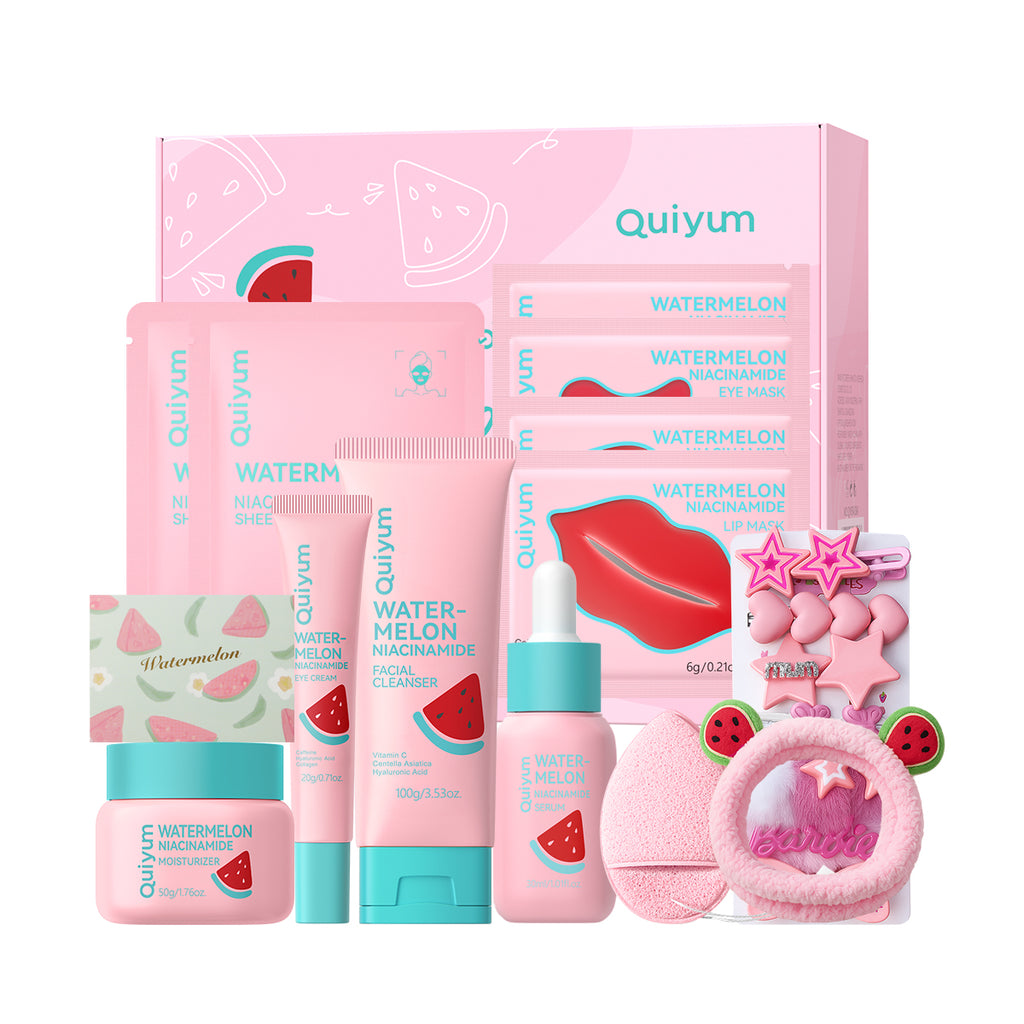Quiyum Coffret de soins à la pastèque (13 pièces) - Nettoyant pour le visage 100 g, Sérum 30 ml, Crème contour des yeux 20 g, Crème pour le visage 50 g, Masque pour les yeux 6 g × 2, Masque pour les lèvres 6 g × 2, Masque pour le visage 25 g × 2, Ave