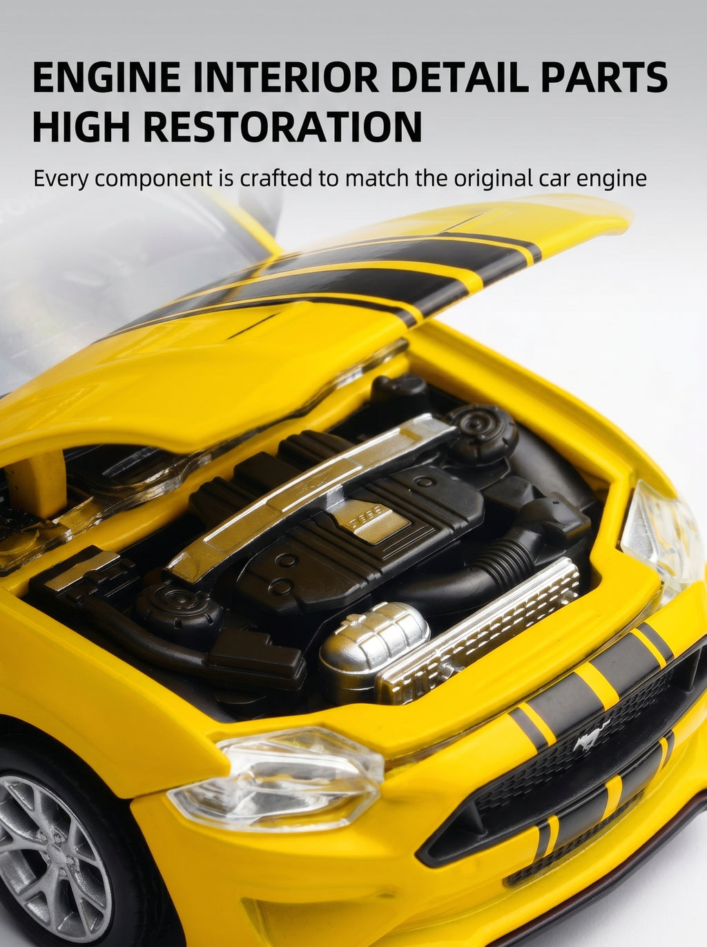 CCA Voiture miniature 2018 Ford Mustang GT jaune classique à l'échelle 1:42 – Kit DIY avec portes ouvrantes et pièces interchangeables ; un modèle réduit de collection de grande valeur