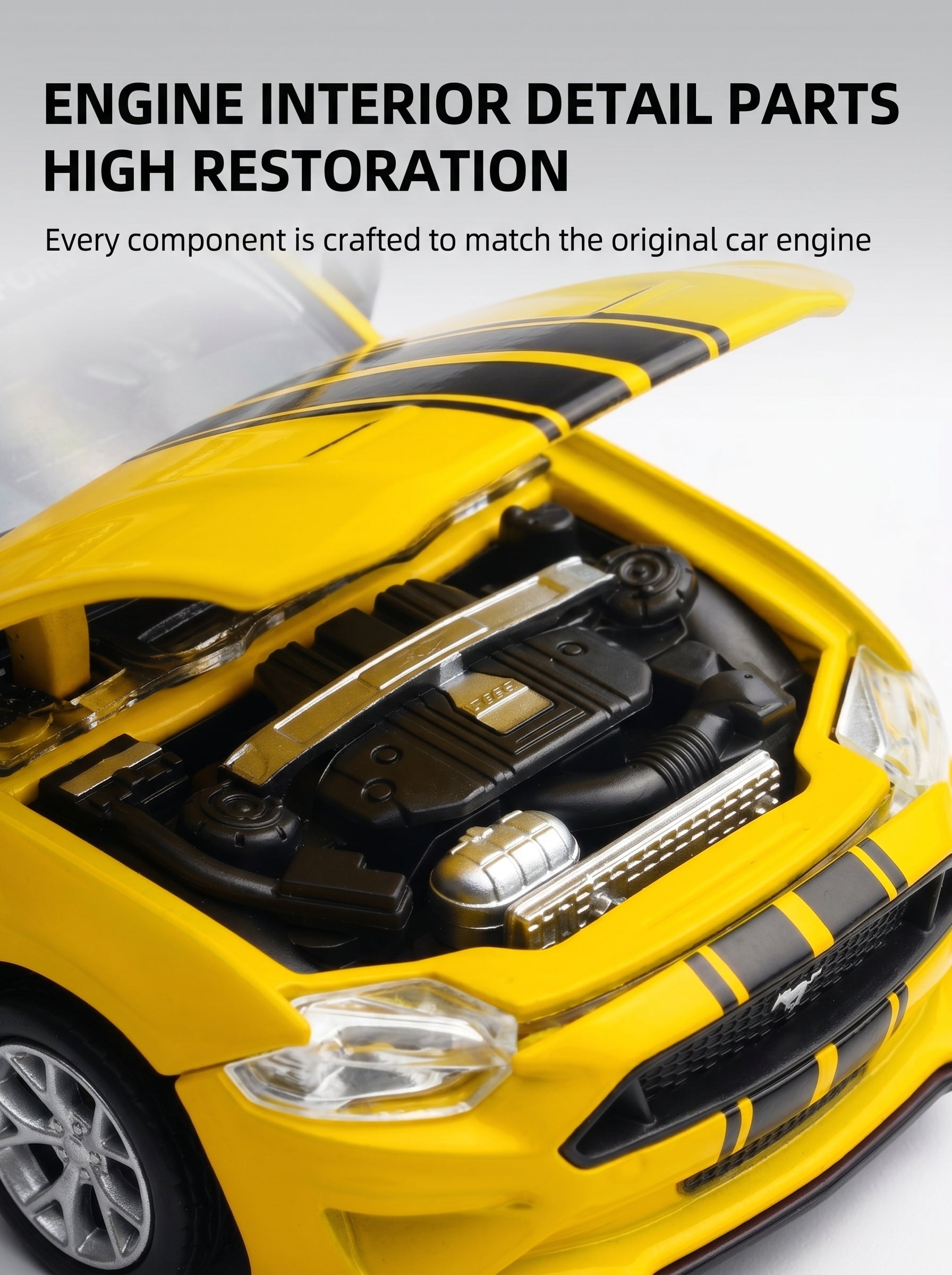 CCA Voiture miniature 2018 Ford Mustang GT jaune classique à l'échelle 1:42 – Kit DIY avec portes ouvrantes et pièces interchangeables ; un modèle réduit de collection de grande valeur
