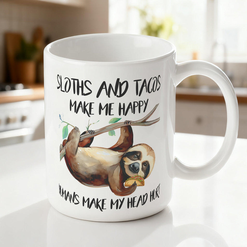 Alphynix Mug blanc 1 pièce 11 oz avec citation contrastée « Les paresseux et les tacos me rendent heureux » et illustration de paresseux suspendu avec taco