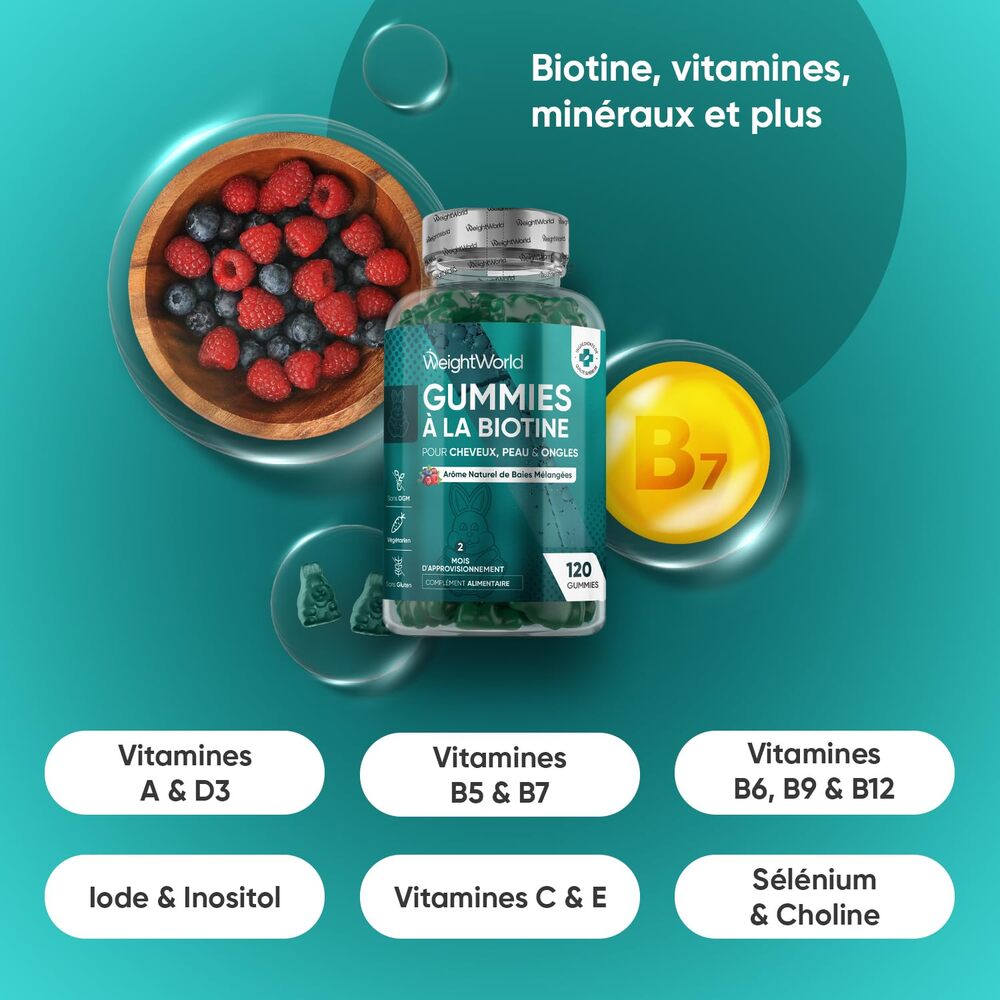 Weightworld Gommes à la biotine pour cheveux, peau et ongles 5000 µg 120 gommes