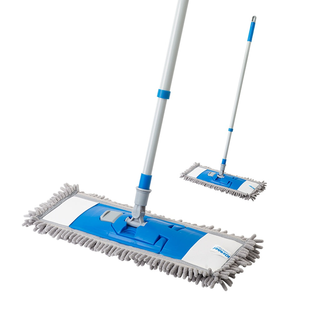 Serpillière plate en chenille avec manche en fer télescopique, serpillière à poussière en microfibre bleue pour planchers en bois dur, réglable de 73 cm à 130 cm.