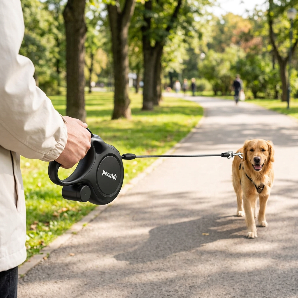 Pecute Série Instant-Control Laisse pour chien rétractable 8 m avec câble en acier anti-morsure 50 cm et distributeur de sacs à déjections - Noir