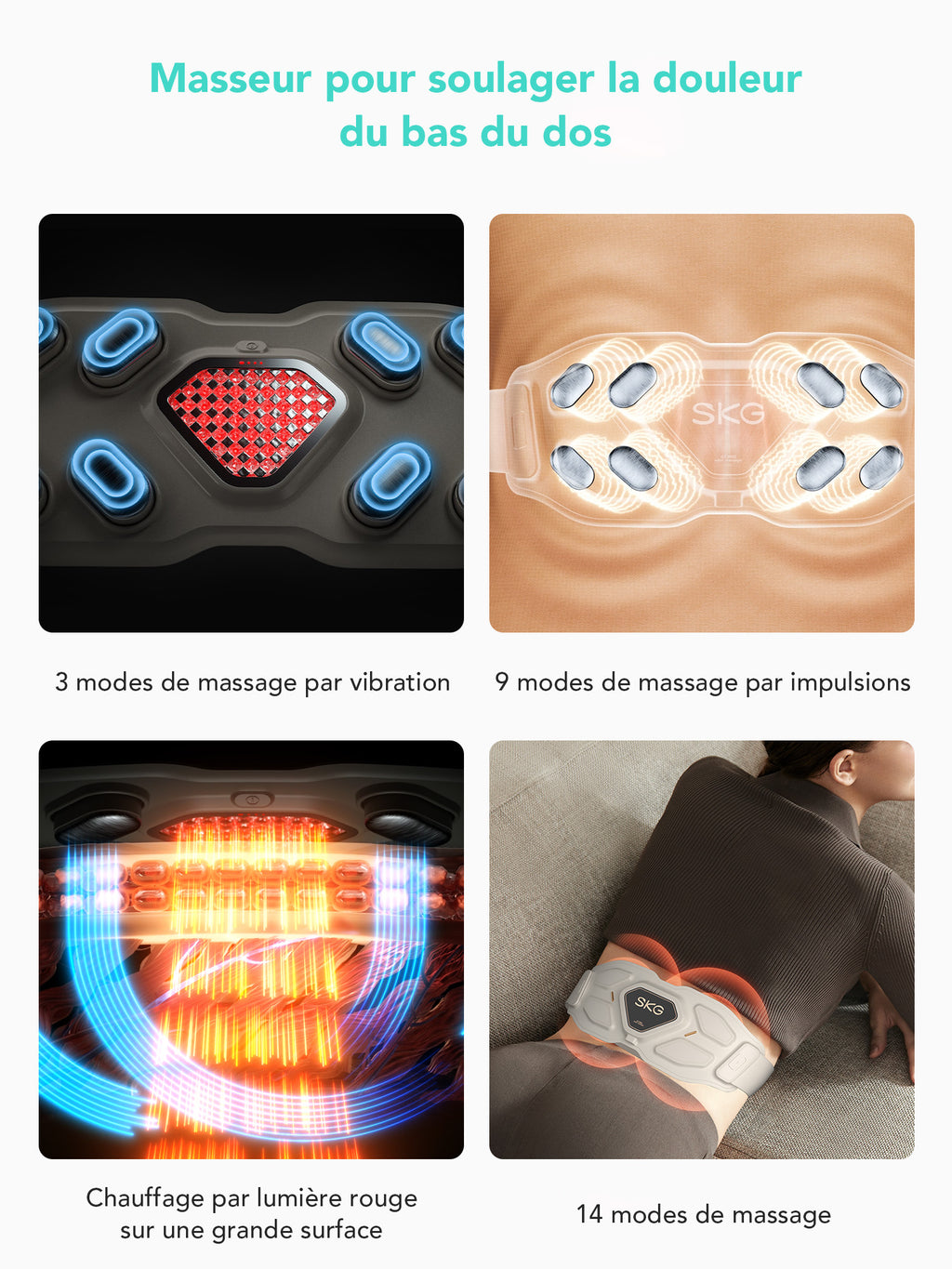 SKG W9 Pro Masseur de bas du dos Fréquence moyenne EMS+TENS + Lumière rouge 630 nm Moxibustion pour le soulagement de la douleur Cadeau pour partenaire