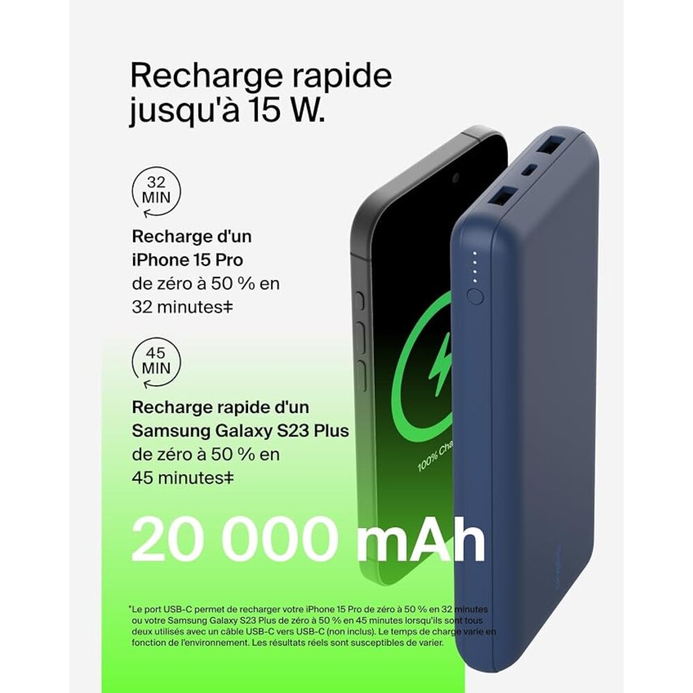 Belkin BoostCharge Batterie externe USB-A/USB-C 15 W - Bleu